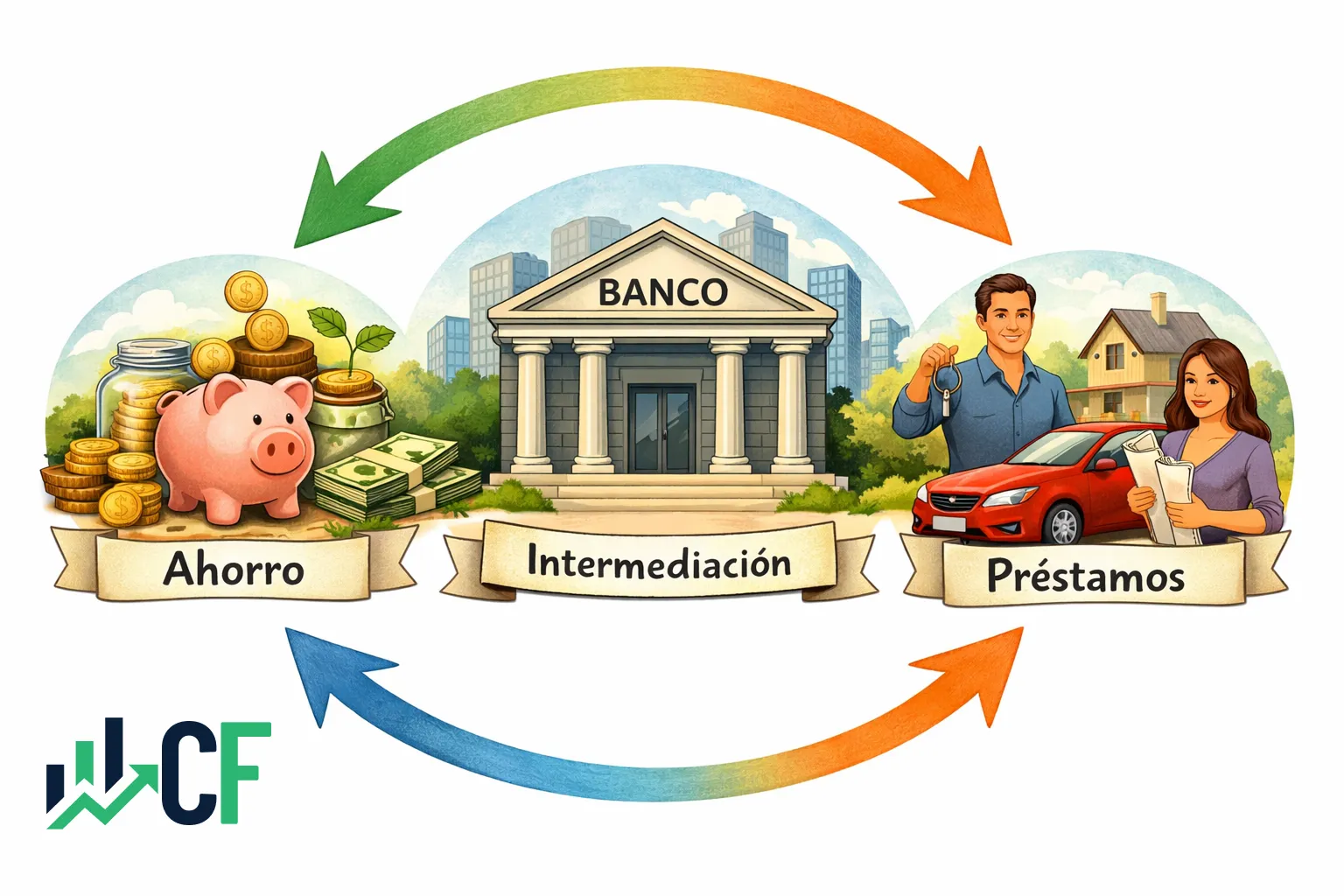 Ilustración conceptual: flechas entre ahorro, banco y préstamos (intermediación)